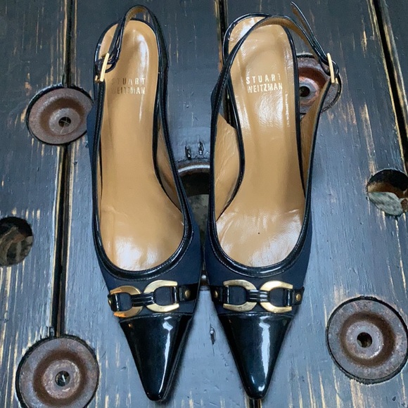 Stuart Weitzman Navy Heels with Brass Accents - Picture 2 of 10